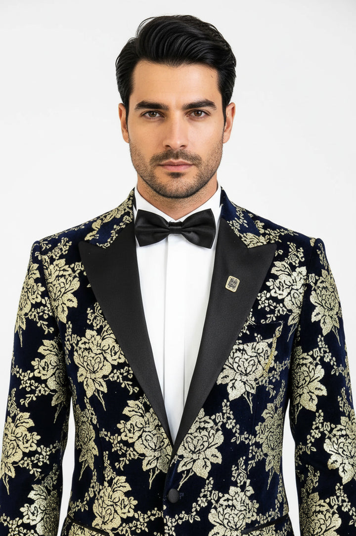 Gold Çiçek Desenli Lacivert Erkek Smokin Ceket - Wessi