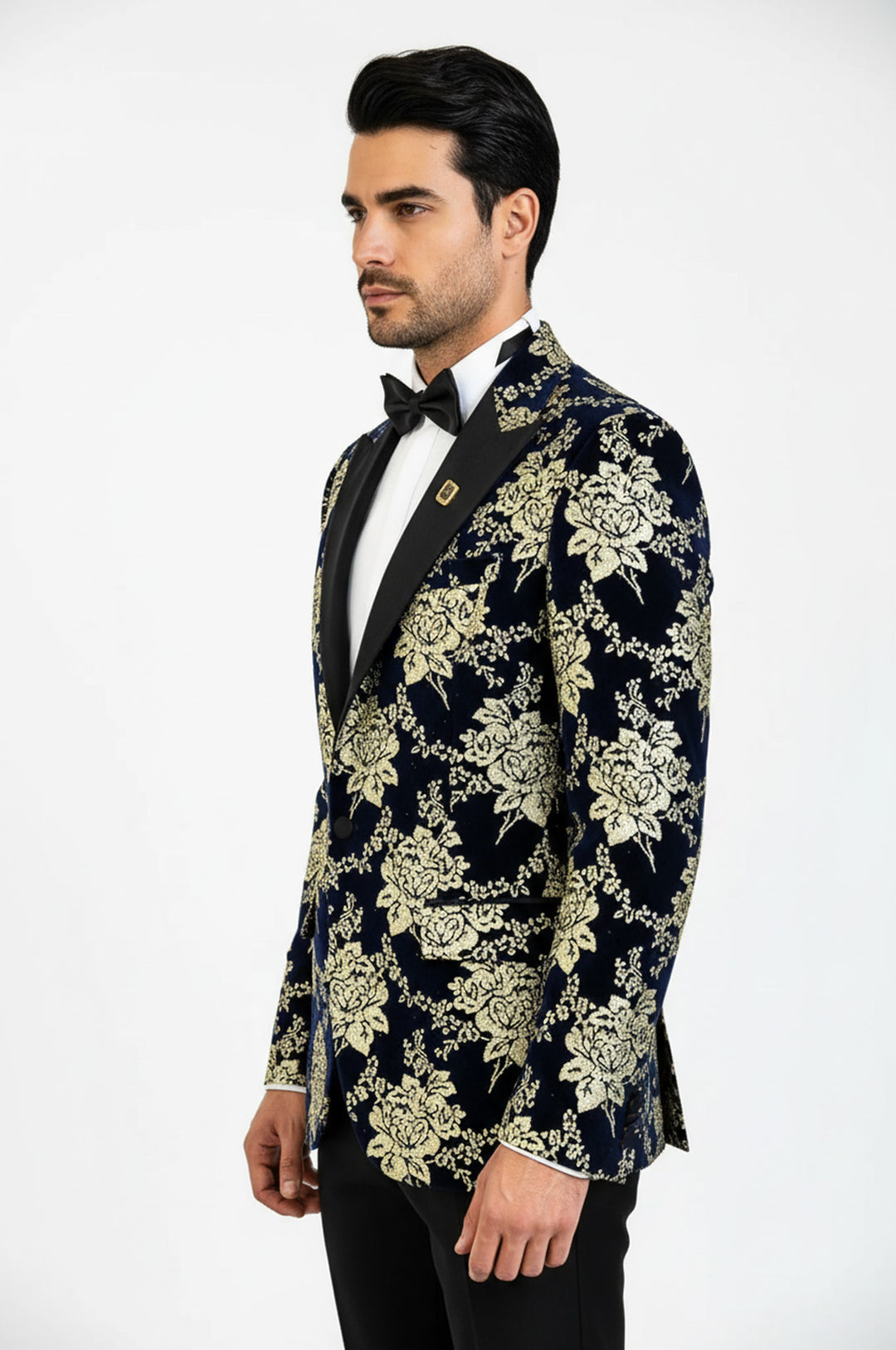Gold Çiçek Desenli Lacivert Erkek Smokin Ceket - Wessi