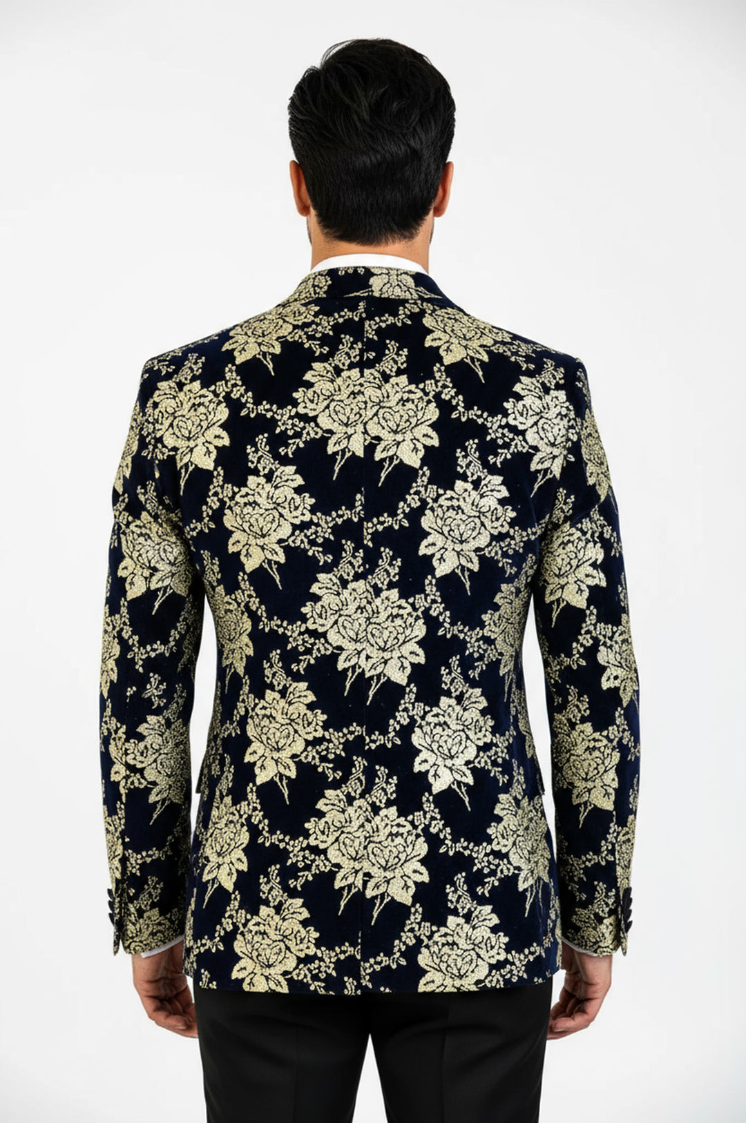 Gold Çiçek Desenli Lacivert Erkek Smokin Ceket - Wessi