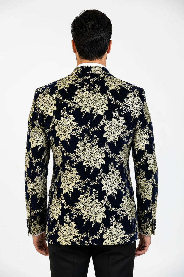 Gold Çiçek Desenli Lacivert Erkek Smokin Ceket - Wessi