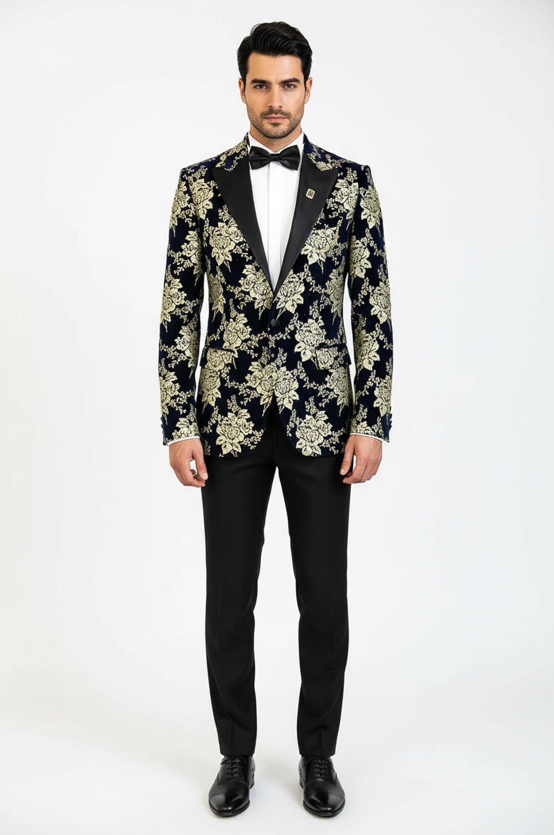 Gold Çiçek Desenli Lacivert Erkek Smokin Ceket - Wessi
