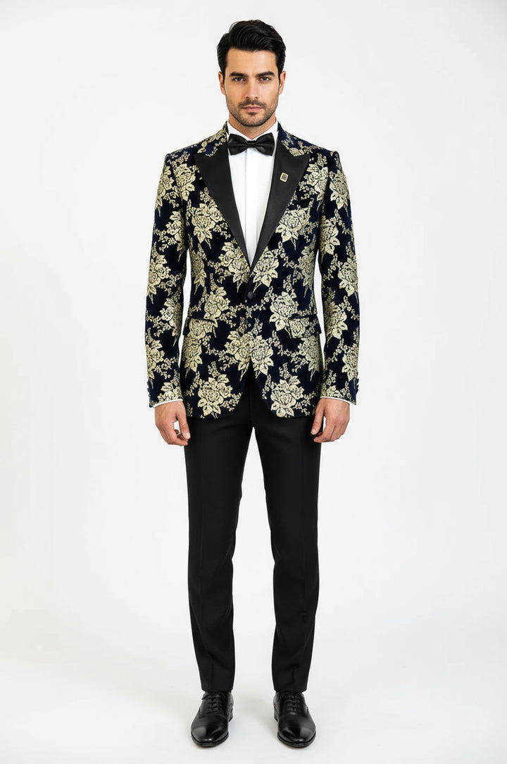 Gold Çiçek Desenli Lacivert Erkek Smokin Ceket - Wessi