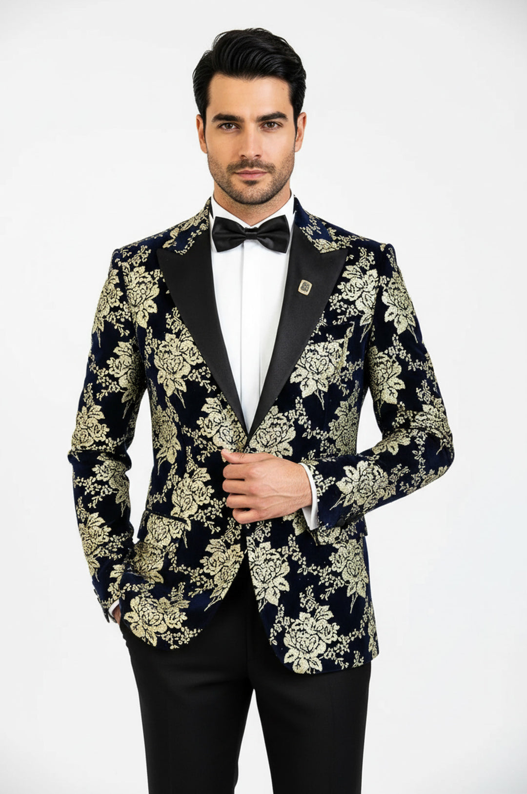 Gold Çiçek Desenli Lacivert Erkek Smokin Ceket - Wessi