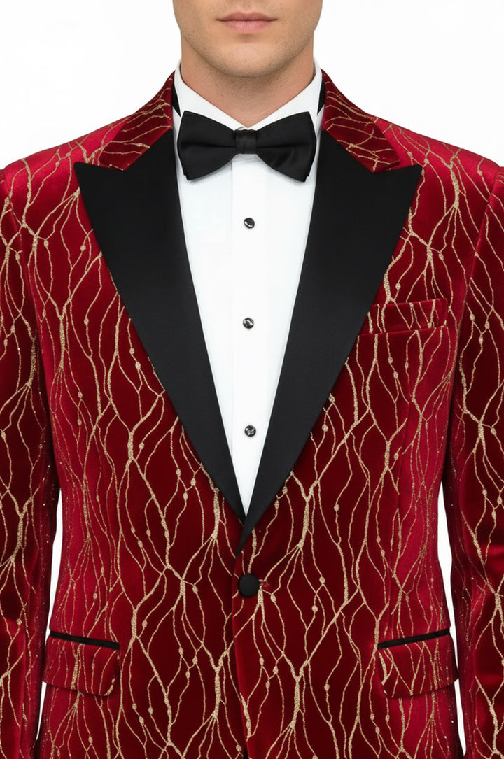 Desenli Koyu Kırmızı Erkek Smokin Ceket - Wessi
