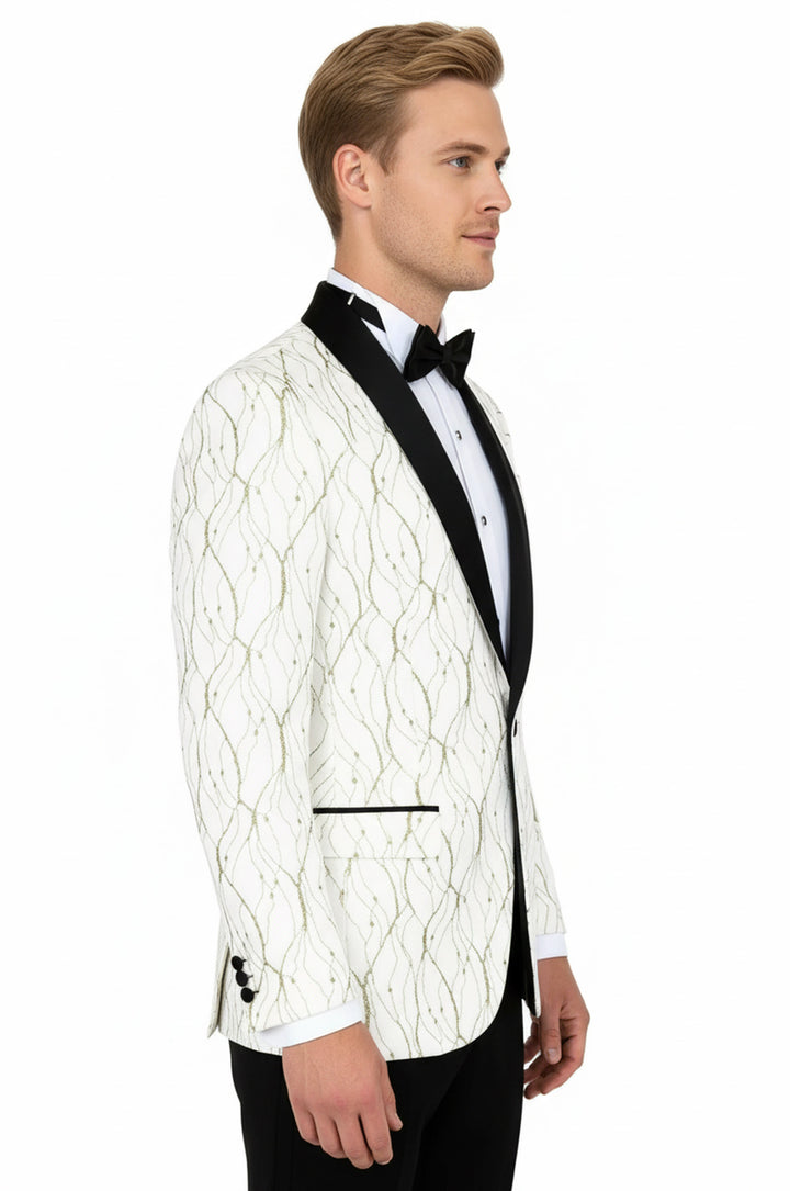 Gümüş Desenli Beyaz Erkek Smokin Ceket - Wessi