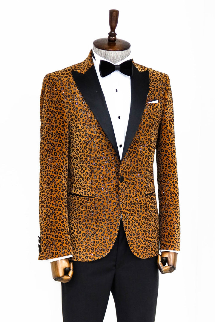 Leopar Desenli Slim Fit Dik Yaka Sarı Erkek Balo Ceket - Wessi