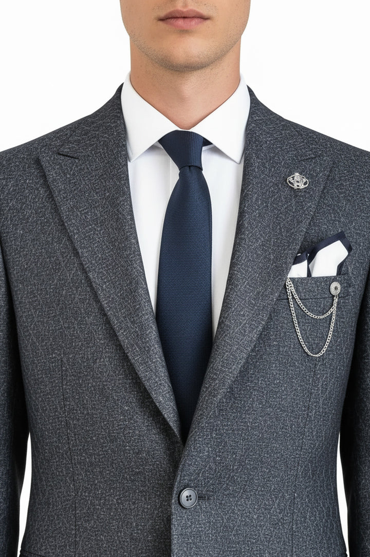 Kendinden Desenli Slim Fit Yün Erkek Lacivert Ceket - Wessi