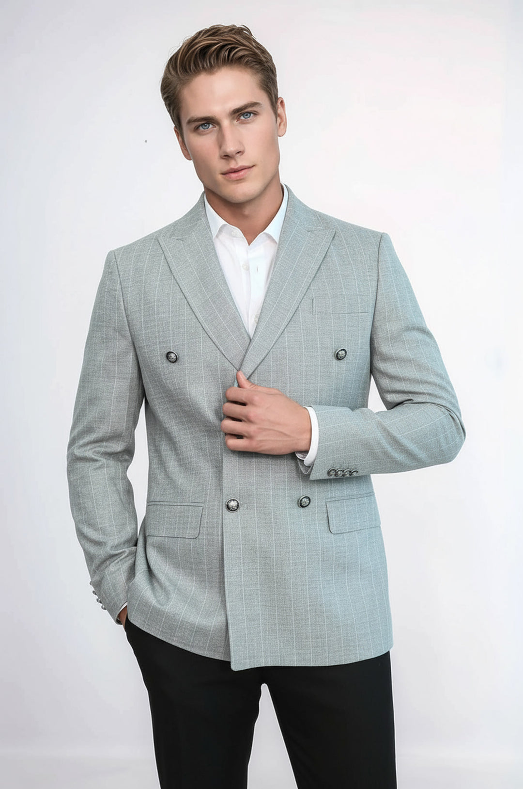 Kruvaze Slim Fit Çizgili Gri Erkek Ceket - Wessi