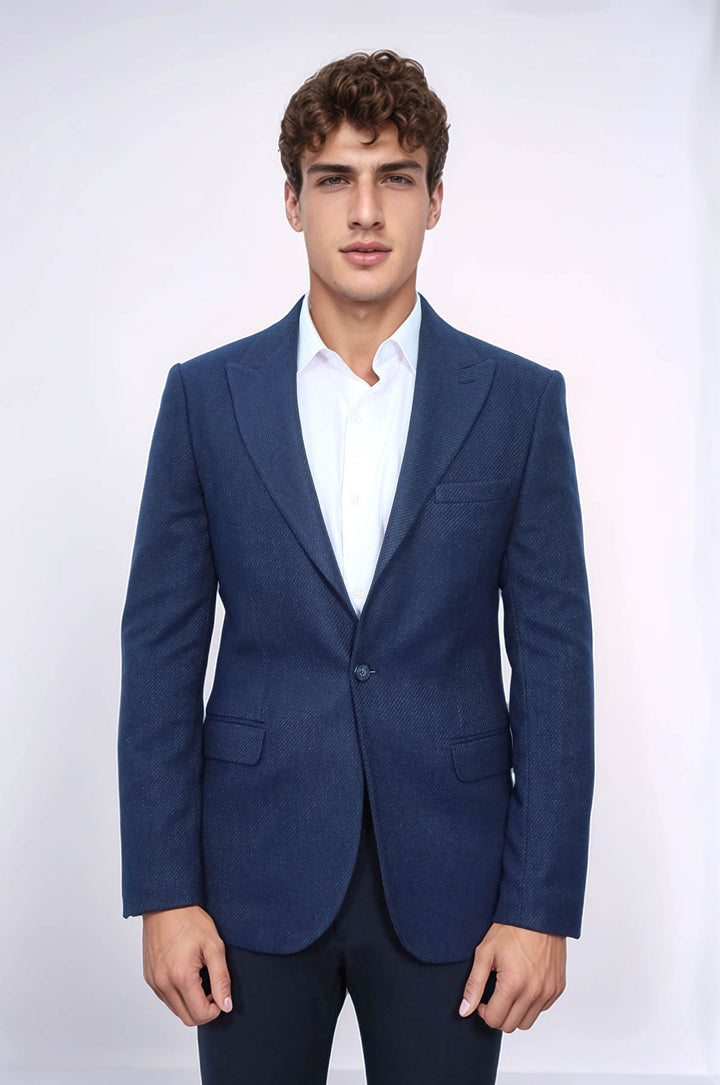 Slim Fit Desenli Koyu Mavi Erkek Ceket - Wessi