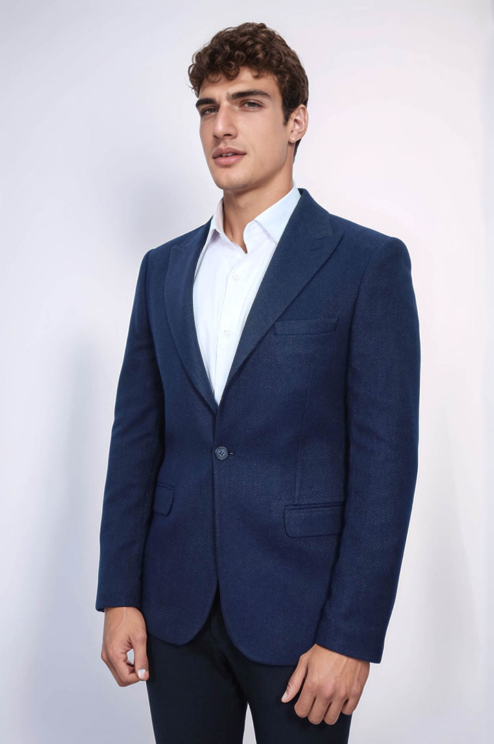 Slim Fit Desenli Koyu Mavi Erkek Ceket - Wessi