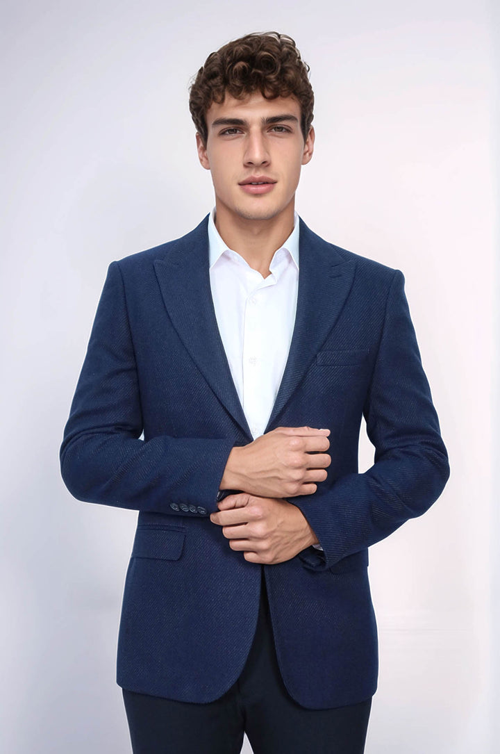 Slim Fit Desenli Koyu Mavi Erkek Ceket - Wessi
