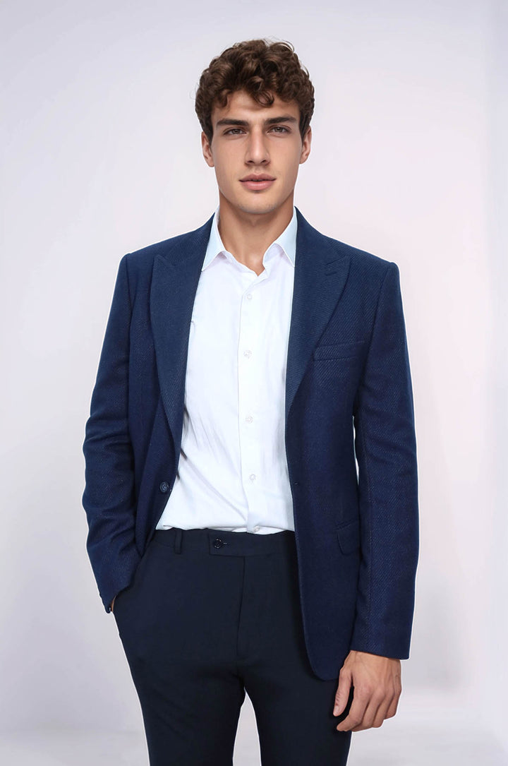 Slim Fit Desenli Koyu Mavi Erkek Ceket - Wessi