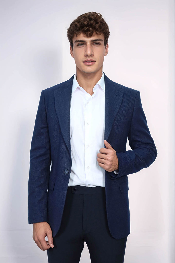 Slim Fit Desenli Koyu Mavi Erkek Ceket - Wessi