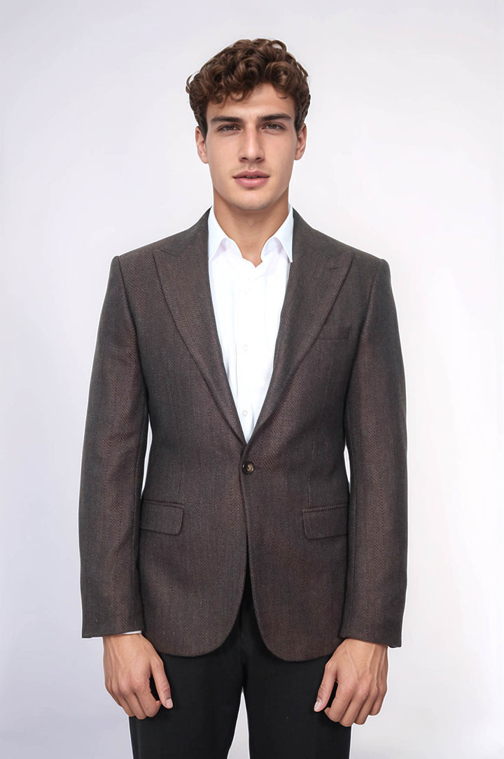 Slim Fit Desenli Kahverengi Erkek Ceket - Wessi