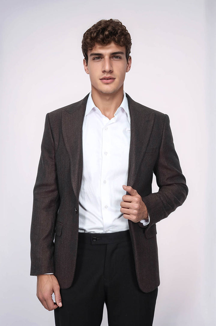 Slim Fit Desenli Kahverengi Erkek Ceket - Wessi