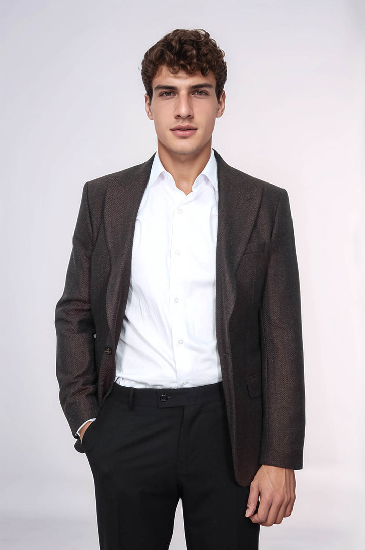 Slim Fit Desenli Kahverengi Erkek Ceket - Wessi