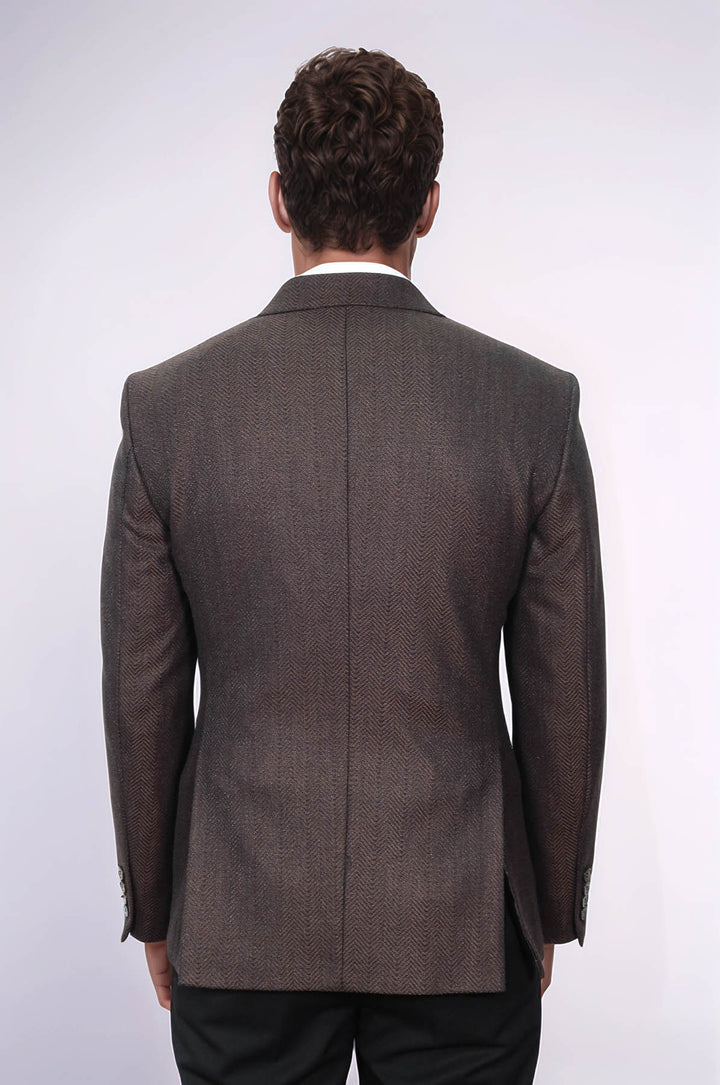 Slim Fit Desenli Kahverengi Erkek Ceket - Wessi