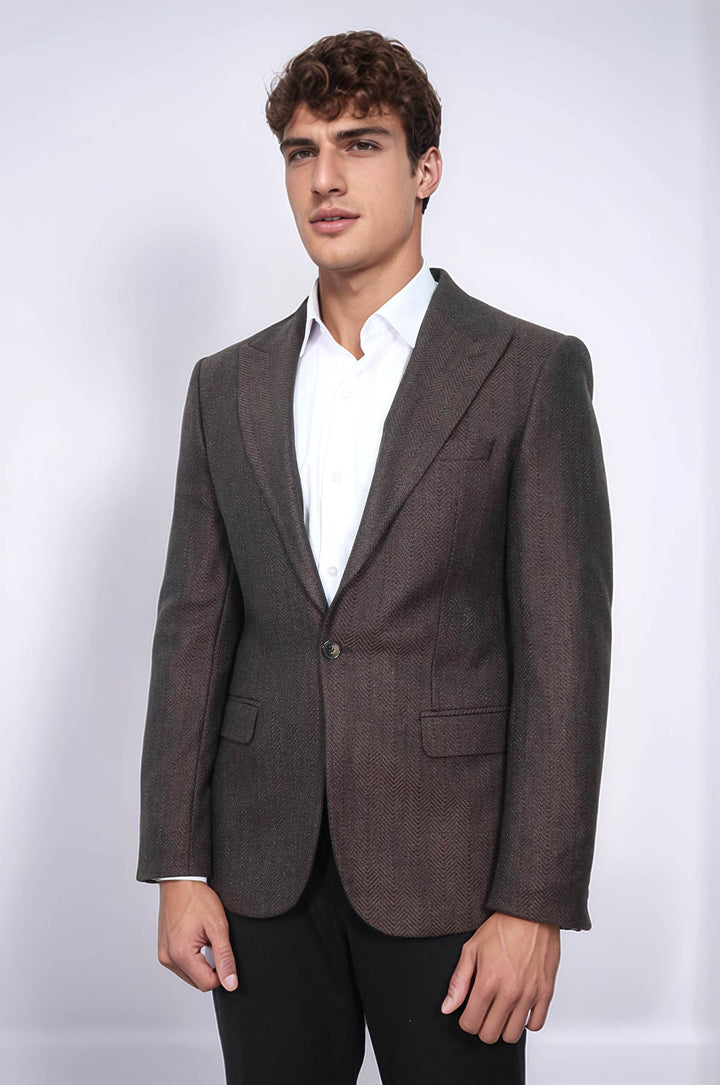 Slim Fit Desenli Kahverengi Erkek Ceket - Wessi