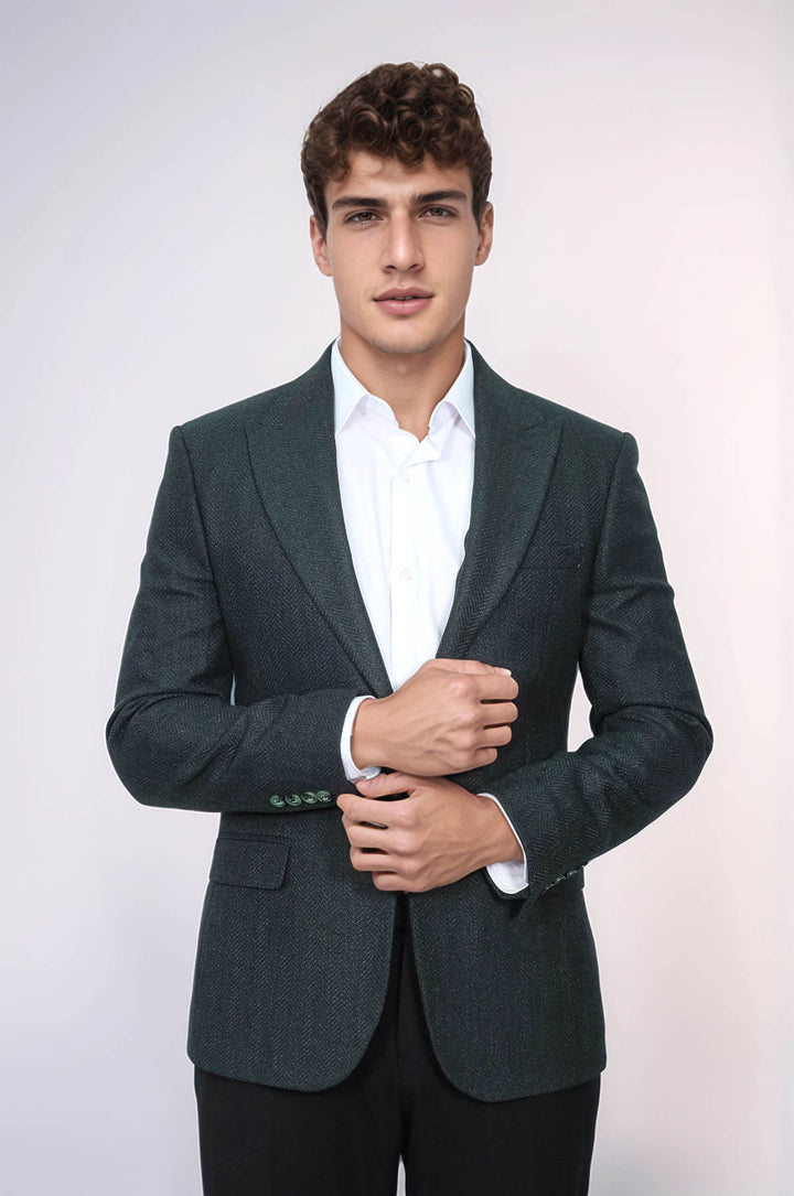 Slim Fit Desenli Yeşil Erkek Ceket - Wessi