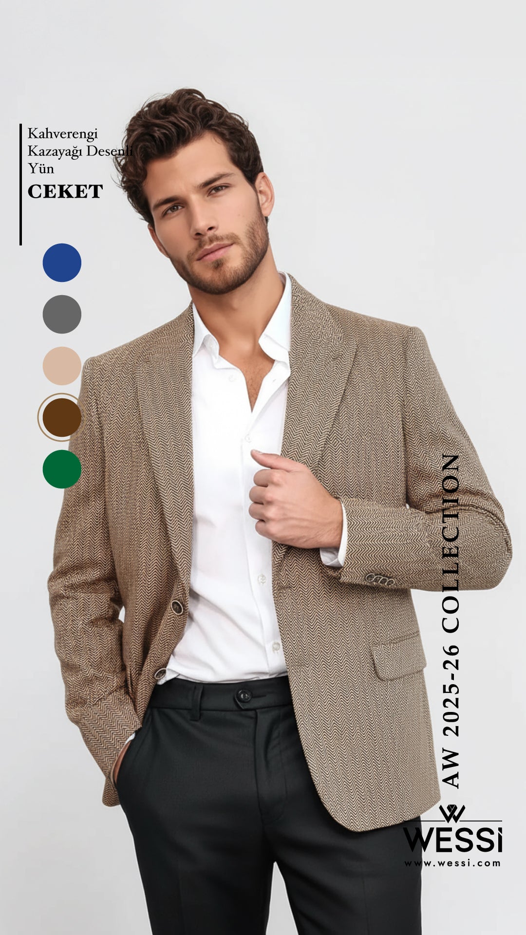 Kazayağı Desenli Yün Açık Kahverengi Erkek Ceket - Wessi