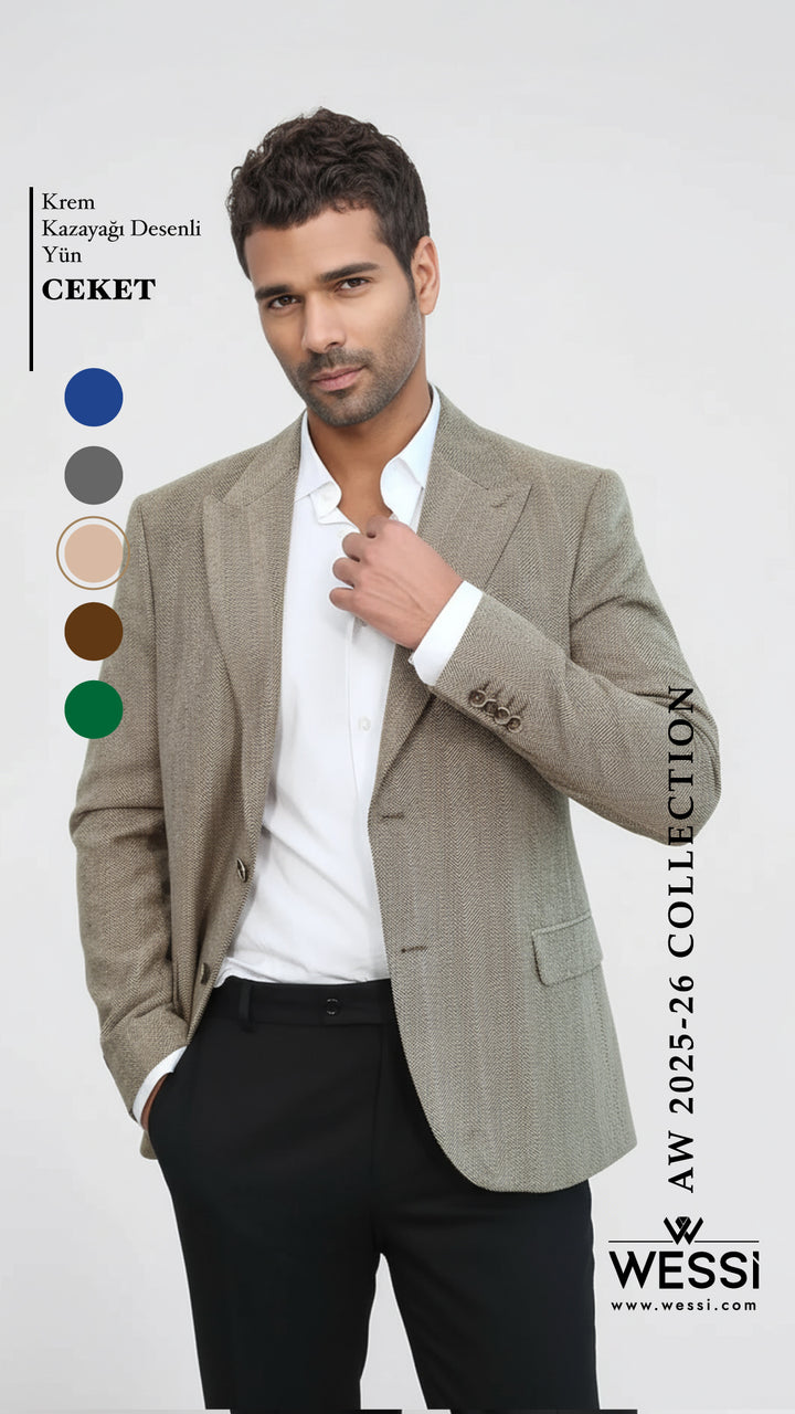 Kazayağı Desenli Yün Krem Erkek Ceket - Wessi