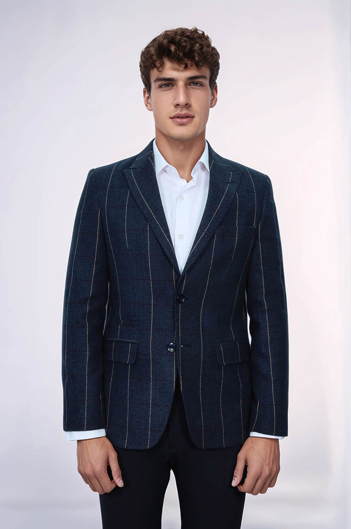Ekose Sivri Yaka Lacivert Slim Fit Ceket - Wessi