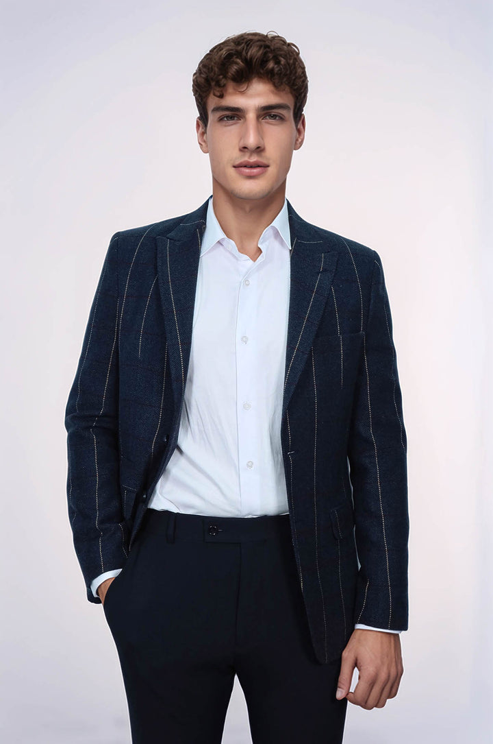 Ekose Sivri Yaka Lacivert Slim Fit Ceket - Wessi