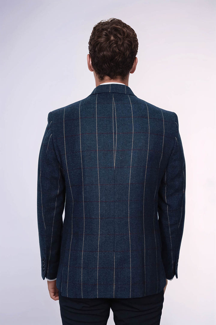 Ekose Sivri Yaka Lacivert Slim Fit Ceket - Wessi