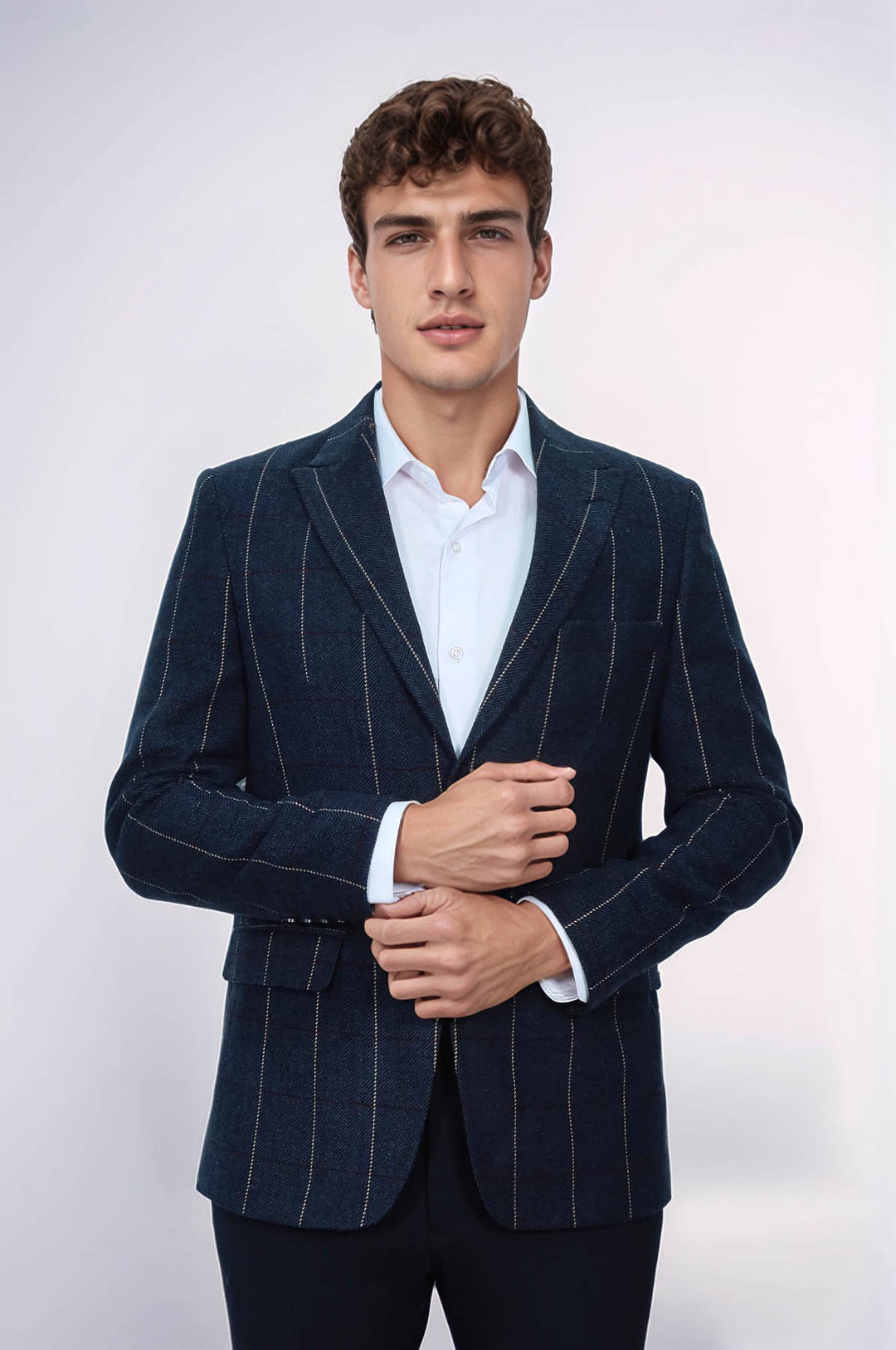 Ekose Sivri Yaka Lacivert Slim Fit Ceket - Wessi