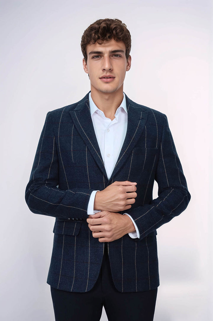 Ekose Sivri Yaka Lacivert Slim Fit Ceket - Wessi