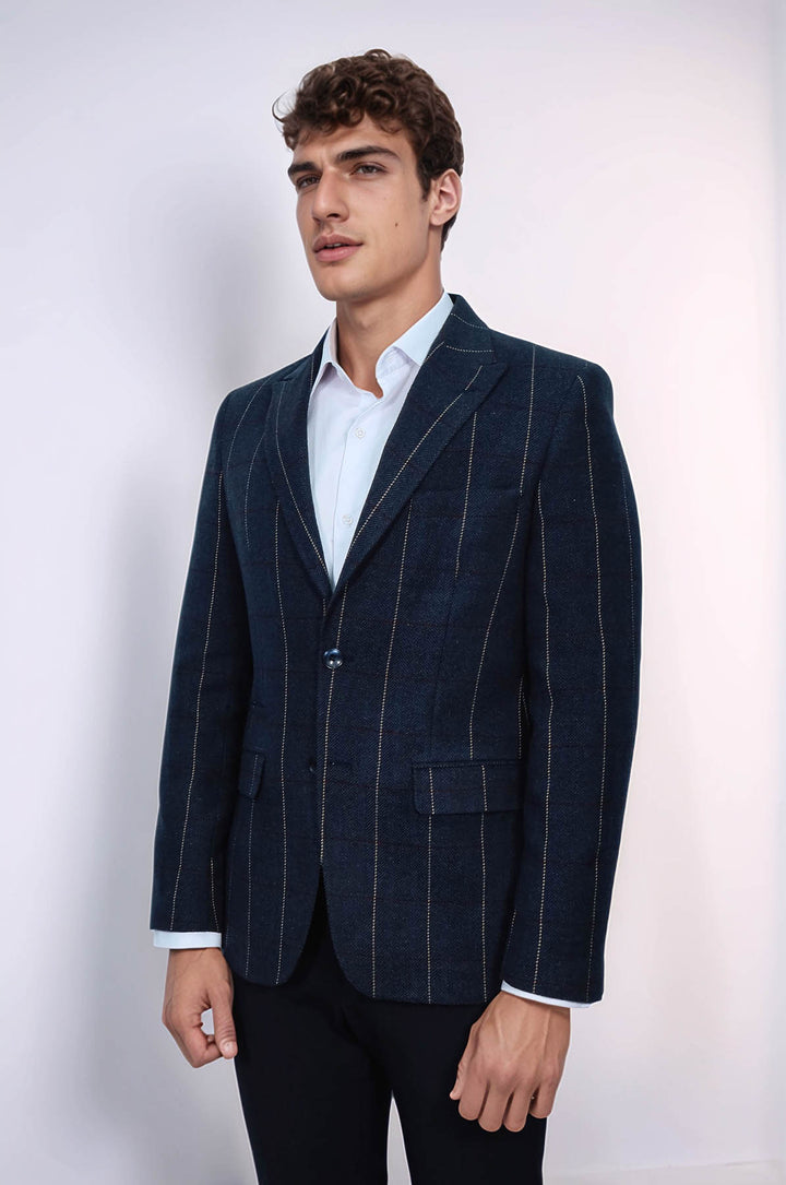 Ekose Sivri Yaka Lacivert Slim Fit Ceket - Wessi