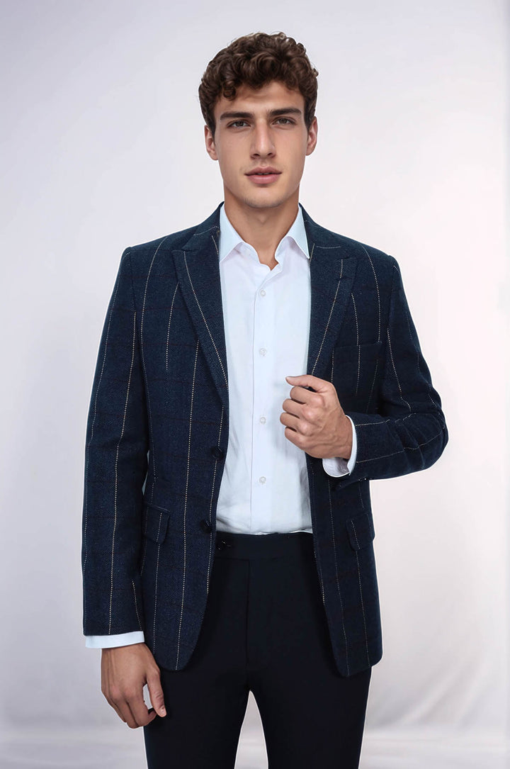 Ekose Sivri Yaka Lacivert Slim Fit Ceket - Wessi
