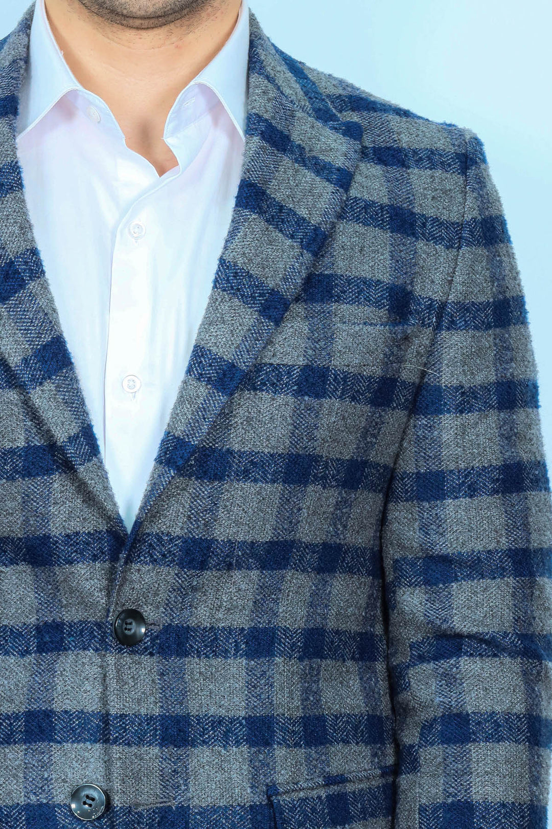 Ekose Sivri Yaka Slim Fit Mavi Erkek Ceket - Wessi