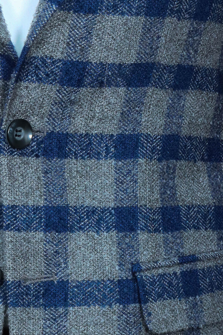 Ekose Sivri Yaka Slim Fit Mavi Erkek Ceket - Wessi