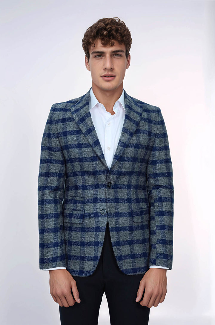 Ekose Sivri Yaka Slim Fit Mavi Erkek Ceket - Wessi