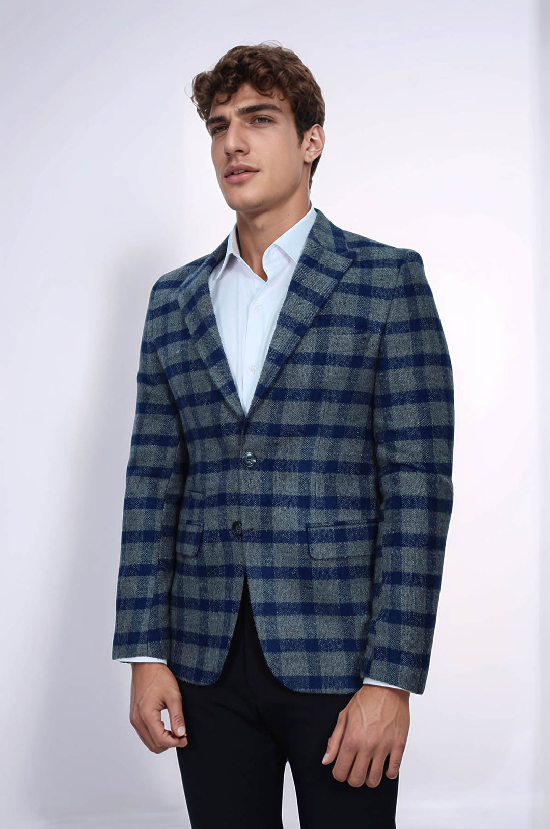 Ekose Sivri Yaka Slim Fit Mavi Erkek Ceket - Wessi