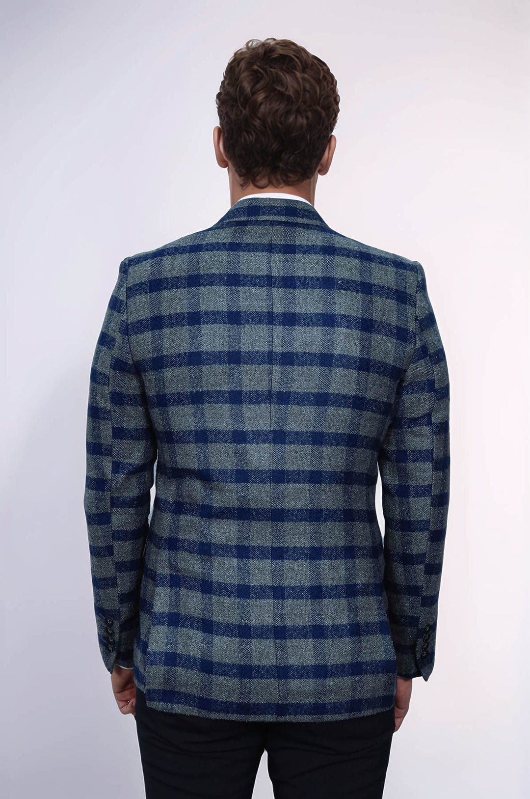 Ekose Sivri Yaka Slim Fit Mavi Erkek Ceket - Wessi