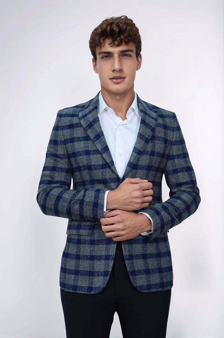 Ekose Sivri Yaka Slim Fit Mavi Erkek Ceket - Wessi