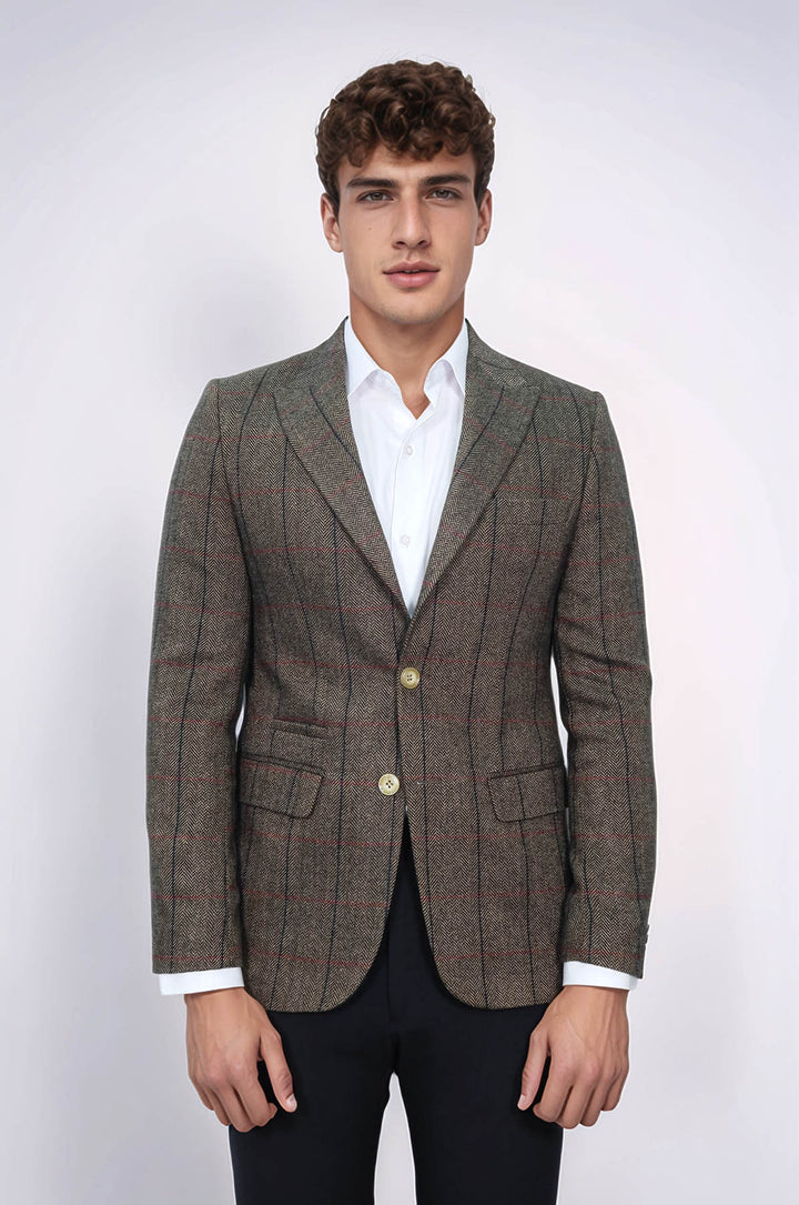 Ekose Sivri Yaka Slim Fit Kahverengi Ceket - Wessi