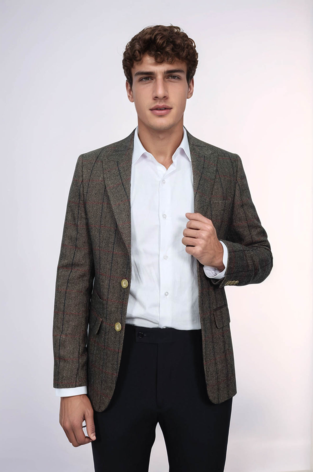 Ekose Sivri Yaka Slim Fit Kahverengi Ceket - Wessi