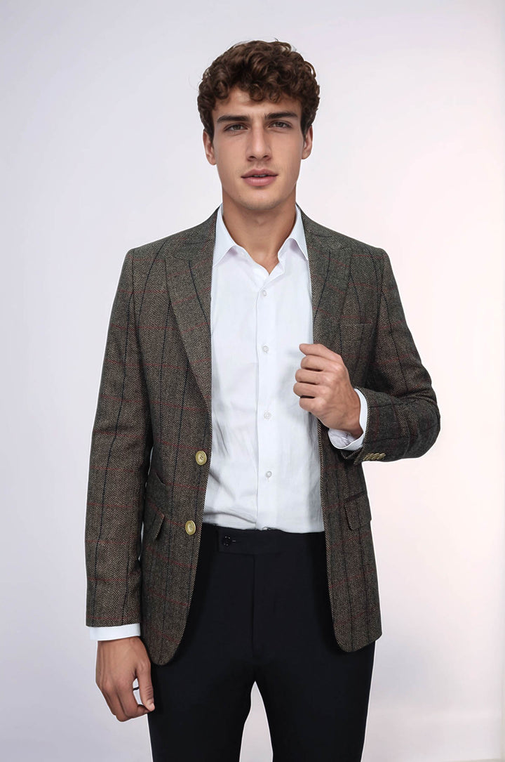 Ekose Sivri Yaka Slim Fit Kahverengi Ceket - Wessi
