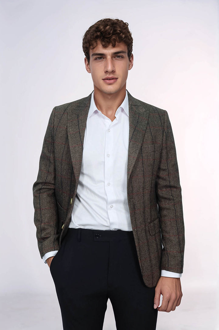 Ekose Sivri Yaka Slim Fit Kahverengi Ceket - Wessi