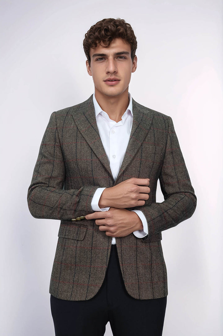 Ekose Sivri Yaka Slim Fit Kahverengi Ceket - Wessi