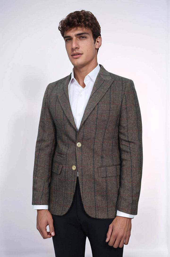 Ekose Sivri Yaka Slim Fit Kahverengi Ceket - Wessi