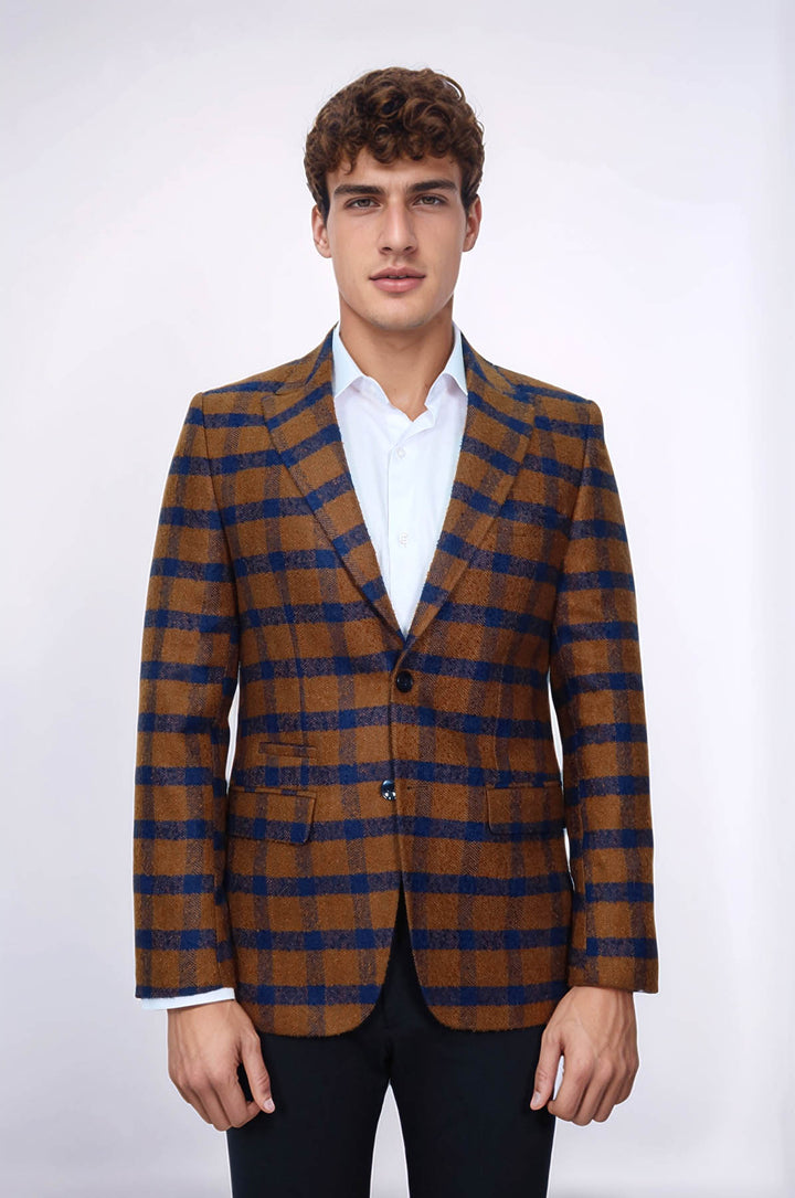 Ekose Sivri Yaka Slim Fit Taba Ceket - Wessi