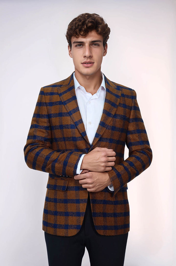 Ekose Sivri Yaka Slim Fit Taba Ceket - Wessi