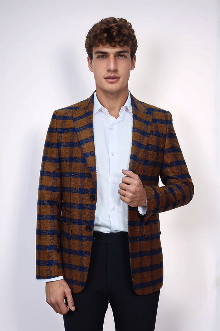 Ekose Sivri Yaka Slim Fit Taba Ceket - Wessi