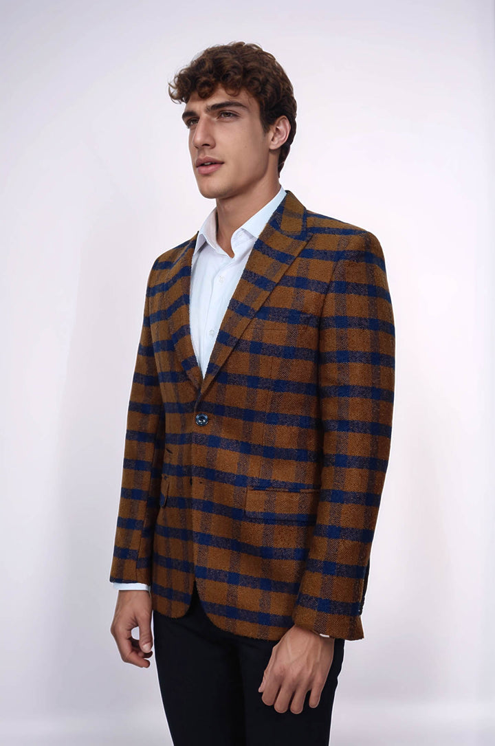 Ekose Sivri Yaka Slim Fit Taba Ceket - Wessi