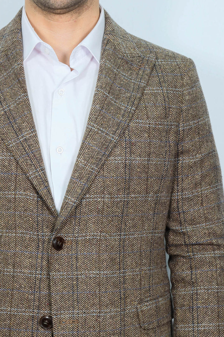 Balıksırtı Desen Slim Fit Yün Kahverengi Erkek Ceket - Wessi