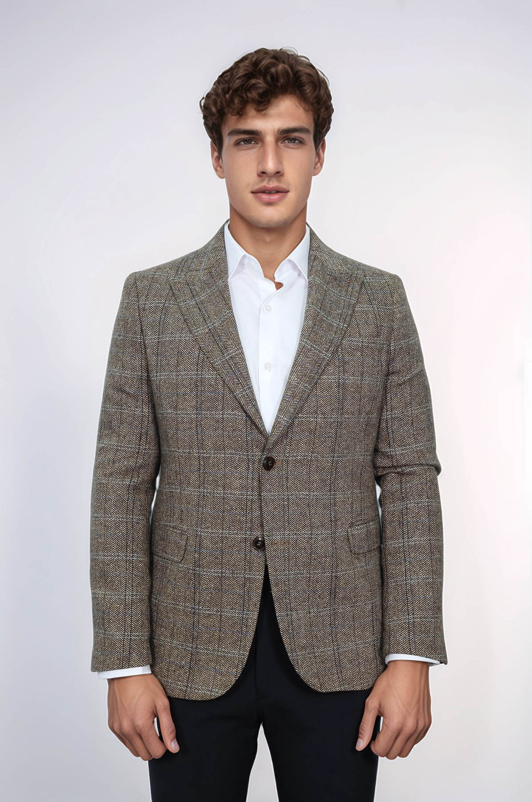 Balıksırtı Desen Slim Fit Yün Kahverengi Erkek Ceket - Wessi